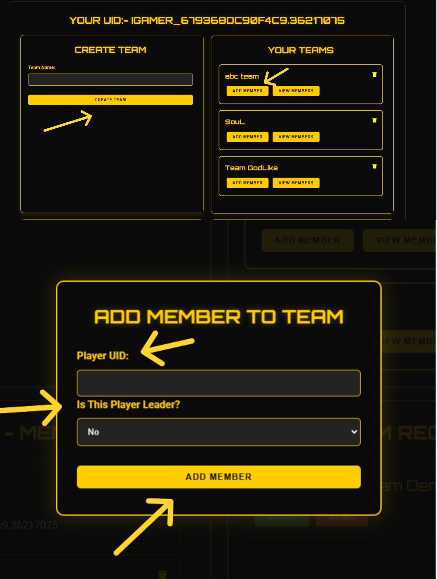 Team Creation Screenshot