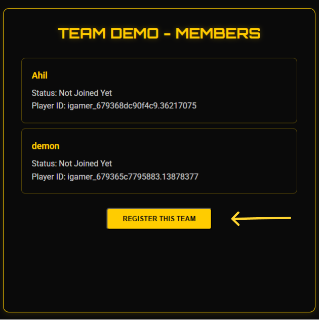 Tournament Registration Screenshot